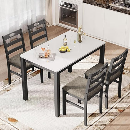 PHI VILLA Solid Wood Dining Table Set for 4, Marble Design Kitchen Table Chairs Set of 4, 5 Piece Space-Saving Dining Room Table Set for Apartment, Venatino White Marble& Black