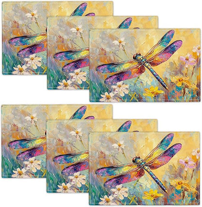 Dragonfly Placemats Set of 6, Dragonfly Flower Table Mats, Floral Washable Place Mats for Coffee Bar Home Party Indoor Kitchen Dining Table Decoration 12x18 Inch