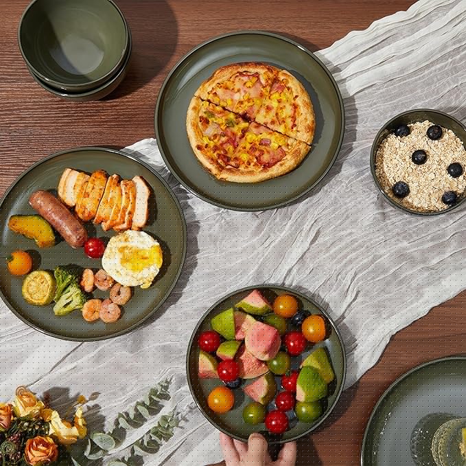 Ceramic Plate Set 10 Inch, Terracotta Dinner Plates of 6, Microwave Safe Plate, Large Serving Plates for for Salad Pasta Steak, Blackish Green