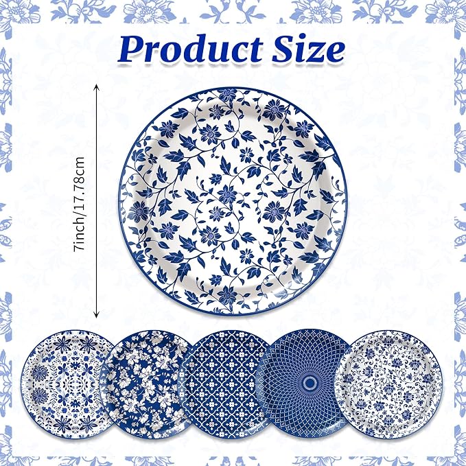 48 Pcs Blue and White Floral Party Paper Plates -7 Inch Disposable Vintage - Image 2