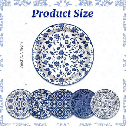 48 Pcs Blue and White Floral Party Paper Plates -7 Inch Disposable Vintage - Image 2