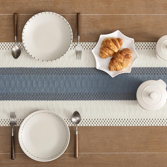 Macrame Style Bicolor Stitching Table Runner 14x72in Navy | Woven Boho Table - Image 5