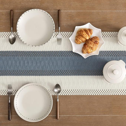 Macrame Style Bicolor Stitching Table Runner 14x72in Navy | Woven Boho Table - Image 5