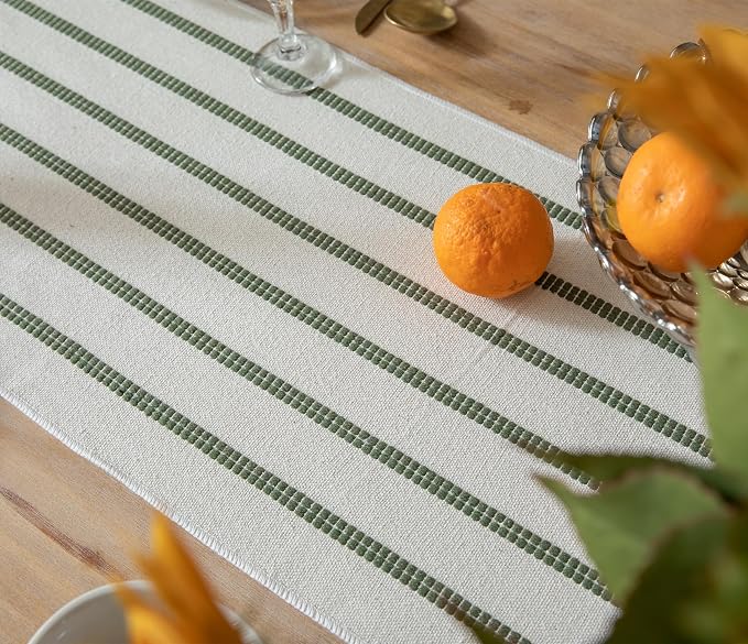 Caflife Boho Table Runner 60 Inchs Long Green and Beige, Cotton and Linen Woven - Image 6