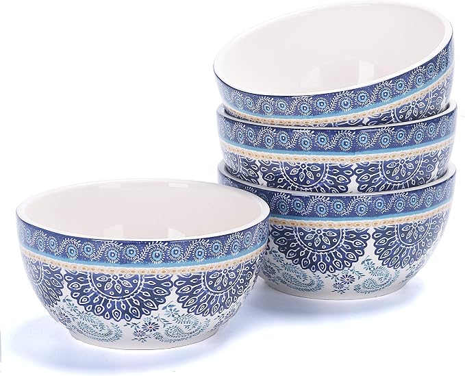 Bico Blue Talavera Cereal Bowls Set of 4, 26 oz Deep Ceramic Soup Bowls by Bico