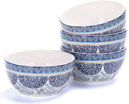 Bico Blue Talavera Cereal Bowls Set of 4, 26 oz Deep Ceramic Soup Bowls by Bico