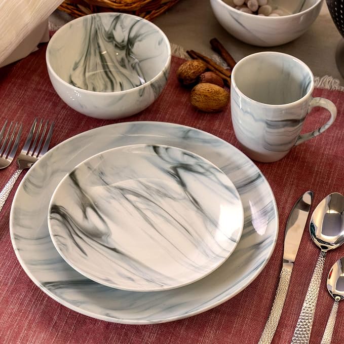 Elama Fine Marble 16 Piece Stoneware Dinnerware Set in Black and White - Image 12