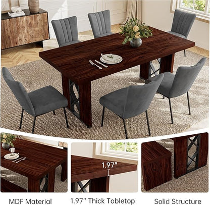 7-Piece Dining Table Set for 6 People, 70.8" MDF Kitchen Table with 6 Velvet Chairs, Space-Saving for Dining Room, Breakfast Nook(Walnut Table+6 Grey Chairs)