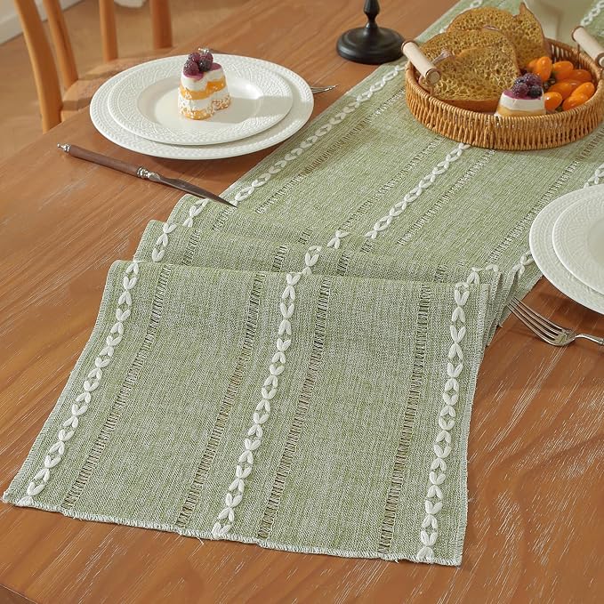 Sage Green Boho Cotton Linen Table Runner, Farmhouse Woven Table Runners Spring by Niviy