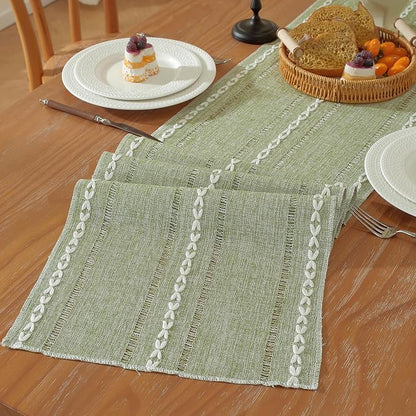 Sage Green Boho Cotton Linen Table Runner, Farmhouse Woven Table Runners Spring by Niviy