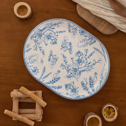 Bico Blue Garden Toile De Jouy 16 plus 12 inch Oval Platters Set, Set of 2, Microwave and Dishwasher Safe, for Serving Fish, Chicken, Turkey