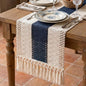 Boho Macrame Table Runner with Tassels 72in Blue Farmhouse Runner | Macrame by Xiomot