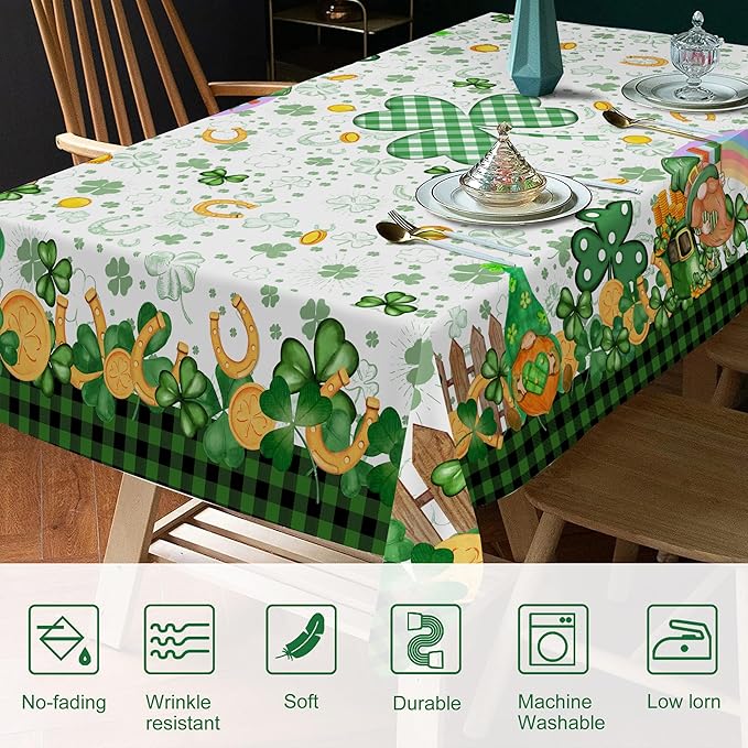 St Patricks Day Tablecloth, St Patricks Table Cloth Rectangle 60 x 104 with Shamrock Gnome, Saint Patricks Day Oblong Tablecloth Buffalo Check Plaid Kitchen Table Cover for Dining Room Indoor Decor