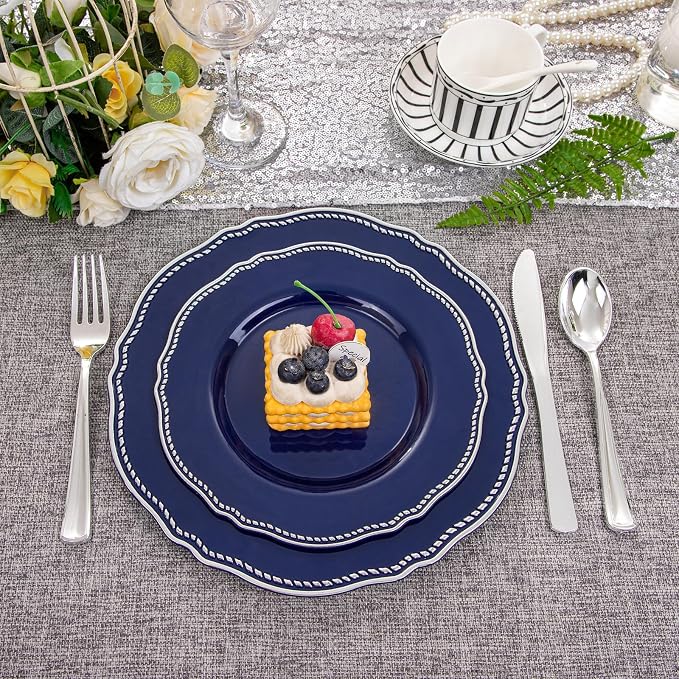 60 Pcs Blue Silver Dinner Plates - Image 7