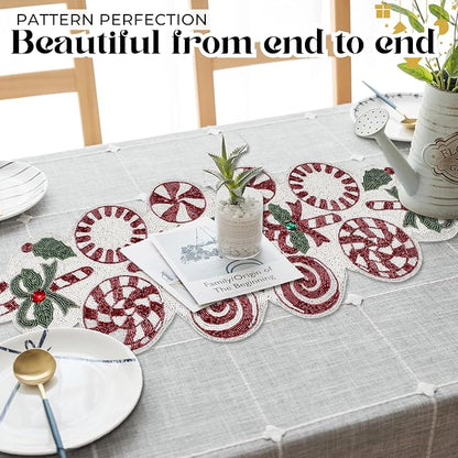 Christmas Beaded Table Runner, 13x36 | Handcrafted, 85% glass beads, polyester - Image 7