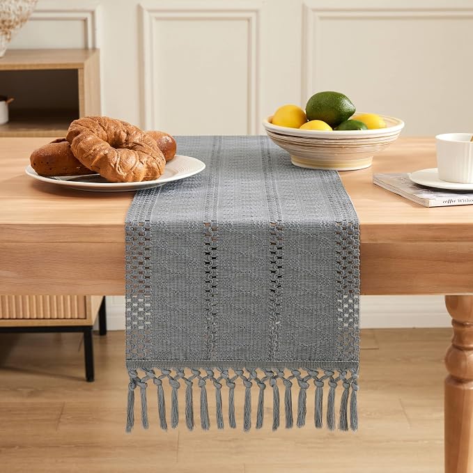 Macrame Style Boho Table Runner, 12x72 Inch Light Blue Grey | Woven Boho Table - Image 2