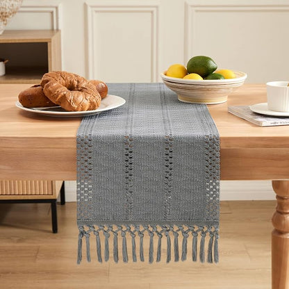 Macrame Style Boho Table Runner, 12x72 Inch Light Blue Grey | Woven Boho Table - Image 2