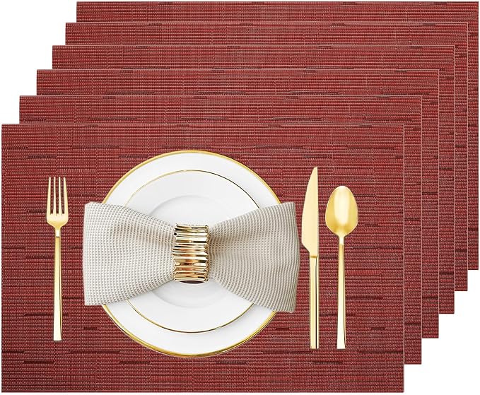 Red Vinyl Placemats Set of 6, Heat Resistant Table Placemats | 18x12 inch place by Uolr