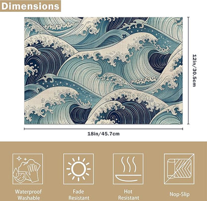 Table Placemats Set of 6, Waterproof Linen Fabric, Non-Slip Backing & Easy Clean, Elegant Dining Table Protectors for Family and Guests(Japanese Waves)