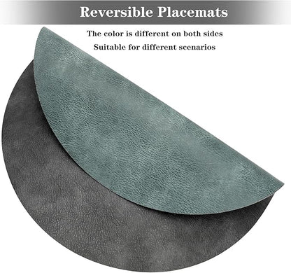 Round Placemats and Coasters Set of 8, Washable Reversible Faux Leather Placemats Cowhide Pattern Place Mats Wipeable Non-Slip 15 inch Round Kitchen Dining Table Mats (Gray Blue Green, 8)