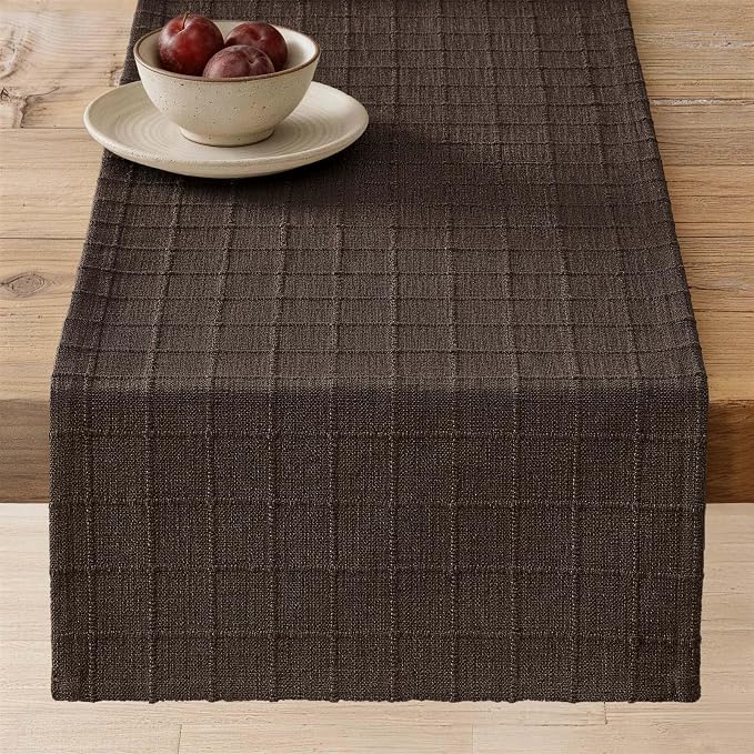 Artisanal Grid Linen Table Runner, 13x48 Inches Chocolate | Heavy Textured by ZEEMARTONLINE