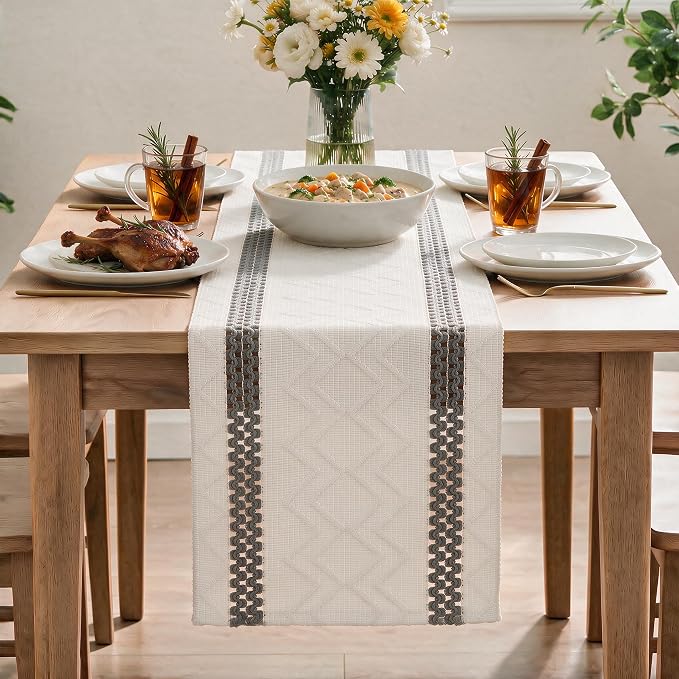 Artoid Mode Dark Grey Stripe Woven Rustic Table Runner 12x48 Inch | Holiday - Image 2