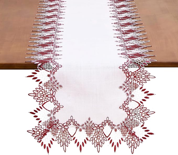 White Dark Red Linen Lace Table Runner 60 inches Dresser Scarf | White Sheer by Raedan