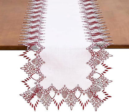 White Dark Red Linen Lace Table Runner 60 inches Dresser Scarf | White Sheer by Raedan