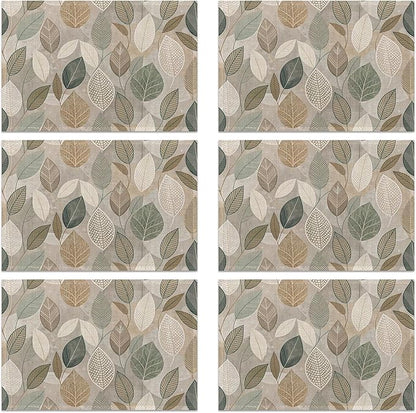 Boho Green Leaves Placemats Set of 6, Seasonal Summer Plastic Linen Washable for Christmas, Thanksgiving, Party, and Dining, Decorative Table Mats for 4-6 Person Table