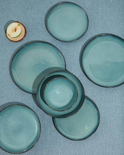 32 Piece Dinnerware Set for 8 with Pasta Bowls, Green Black Reactive Glaze Stoneware | All‑in‑One Host Set for Entertaining, Holiday Meals, Multi‑Course Dinners | Unique Irregular Coastal Look