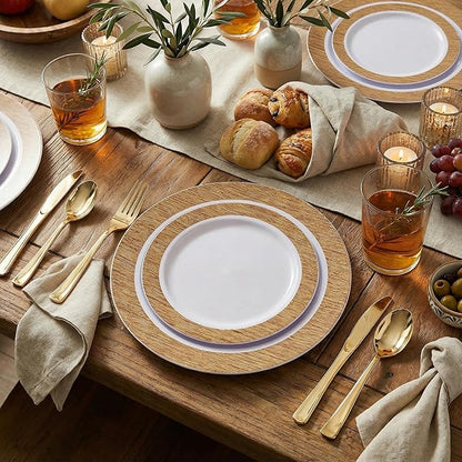 I00000 102 Pcs Wood Grain Brown Plastic Plates, Brown Party Plates Premium Plastic Disposable Plate Disposable Include 51 Dinner Platos 10" & 51 Dessert Platos 7", Elegant Wood Grain Design for Party