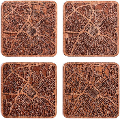 Charlotte, NC Map Coaster by O3 Design Studio, Set Of 4, Sapele Wooden Coaster With City Map, Handmade