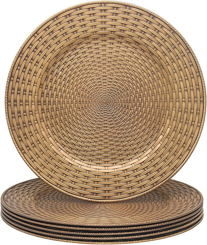 13 Inch Antique Gold Charger Plates Set of 6 Round Plastic Plates Matte Finish Faux Rattan Woven Texture Charger plates for Wedding Party Christmas (262)