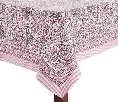 ATOSII Nargis Pink 100% Cotton Rectangle Boho Spring Tablecloth, Handblock Floral Table Cloth Linen for Kitchen Dining I Parties Wedding Outdoors Easter Holidays Home Decor 60 X 108 Inches I 8 Seater