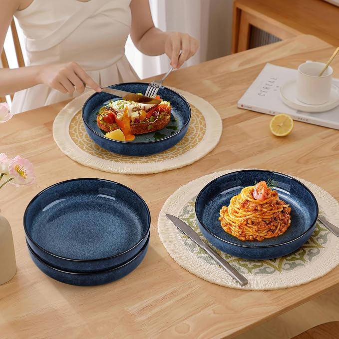 Herogo Stoneware Pasta Bowls Set of 4, Large Wide Shallow 37oz Plates and - Image 7