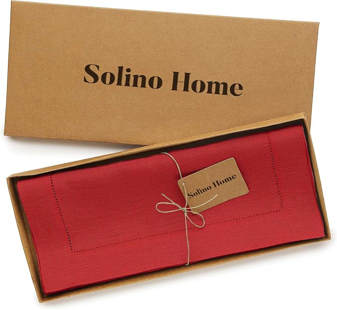 Solino Home 100% Pure Linen Table Runner Red, Classic Hemstitch 14 x 108 in | - Image 5