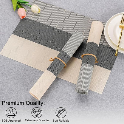Placemats Set of 6, Vinyl Woven Place Mats Indoor Set of 6 Washable Wipeable PVC Table Mats Heat-Resistant Non Slip Plastic Placemat for Kitchen Dining Outdoor Table (Beige Black, Set of 6)