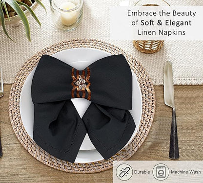 Ruvanti Premium Linen Napkins Set of 6-20x20 Inch, Classic Hemstitch, Mitered Corner Cloth Napkins ‎‎- Soft, Elegant Dinner Napkins Cloth Washable for Weddings, Parties, Everyday Use - Black
