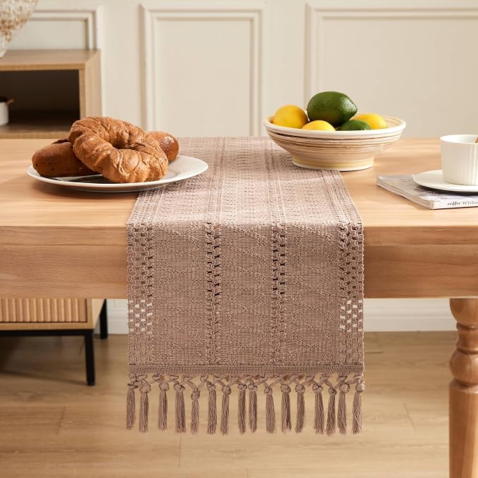 Macrame Style Boho Table Runner, 12x36 Inch Taupe | Woven Boho Table Runner - Image 2