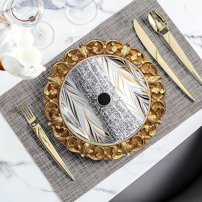 13" Antique Gold Charger Plates, Set of 6 Plastic Textured Chargers for Dinner Plates with Embossed Rim, Table Décor, Party, Wedding, Holiday