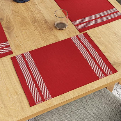 Encasa XO Dining Placemat Set of 6 | Ladder Red Color | Fine Ribbed Cotton Table mat | Size 18x13 in | Machine Washable