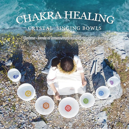440HZ 6"-12" Set of 7 Paternoster Frosted Quartz Crystal Singing Bowl Set for Chakra Healing with 2 pcs Carrying Case