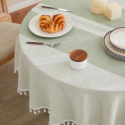 ZeeMart Contrast Linen Round Tablecloth 60 Inch Mid-Stripe Green, Farmhouse Style Round Table Cloth Heavy Weight Sage Green Tablecloths, Water Resistant Burlap Table Cloths