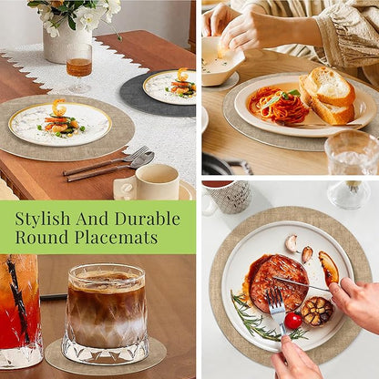 13-Inch Faux Leather Round Placemats Set of 8, Waterproof Anti-Slip Dual Sided Place mats, Heat Resistant Washable Table Mats with Coaster, Suitable for Indoor & Outdoor (8, Black Light Coffee)