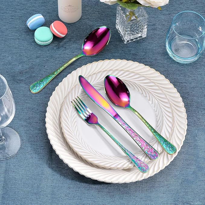 Runfly Vintage Carved Rainbow Stainless Steel 20-Piece Flatware Set | - Image 6