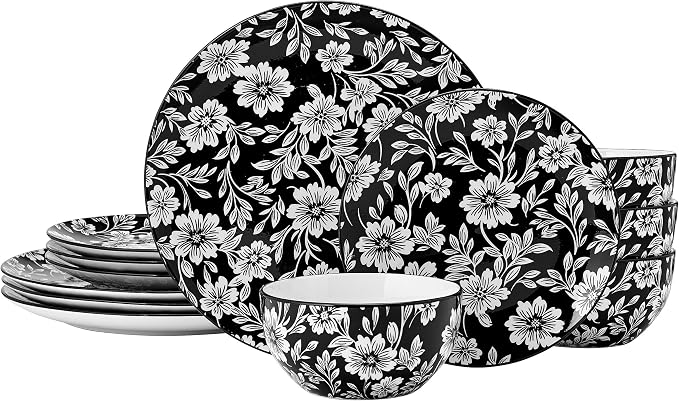 Pfaltzgraff Midnight Blooms 12 Piece Floral Stoneware Dinnerware Plate Bowl by Pfaltzgraff
