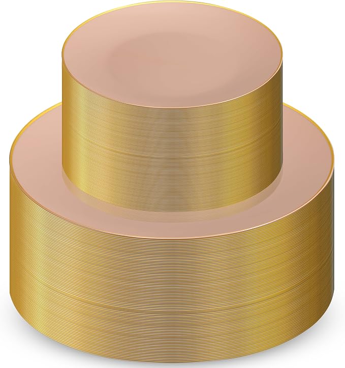 100 Pink Gold Plastic Plates Set, Elegant Fancy Heavy Duty by Munfix
