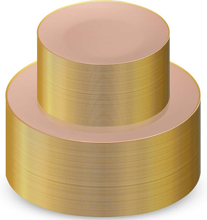 100 Pink Gold Plastic Plates Set, Elegant Fancy Heavy Duty by Munfix