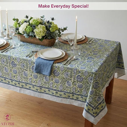 ATOSII Amara 100% Cotton Fall Tablecloth, Handblock Floral Print Rectangle Linen for Kitchen Dining I Parties Wedding Outdoors Picnics Easter I Spring Summer 72 X 120 Inches I 10 Seater Table
