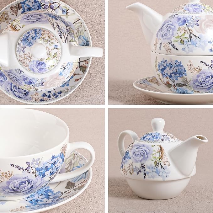 fanquare Blue and Purple Roses and Hydrangeas Porcelain Tea - Image 2